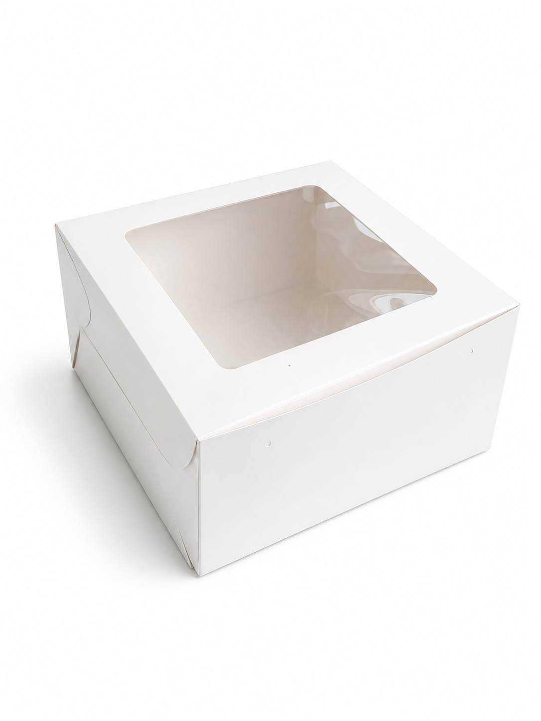 White square cake box with a clear window panel in the lid